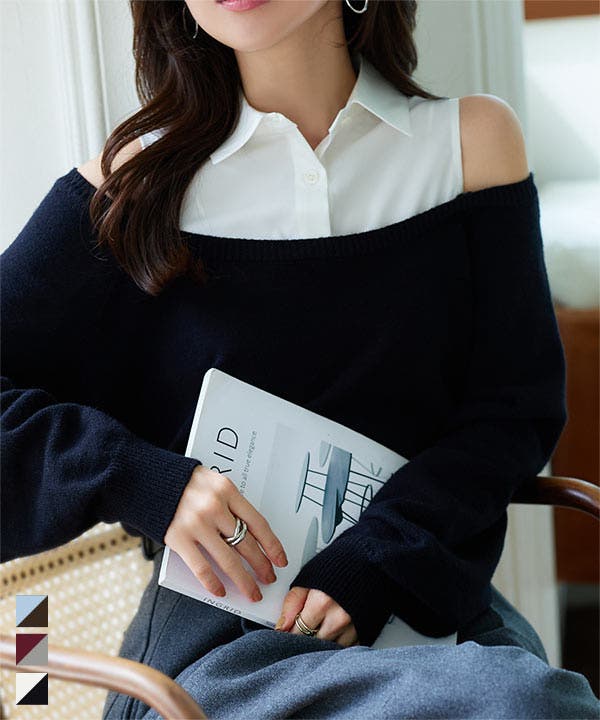 シャツレイヤード風ニットトップス［C7679］ レイヤード風 ニット[品番