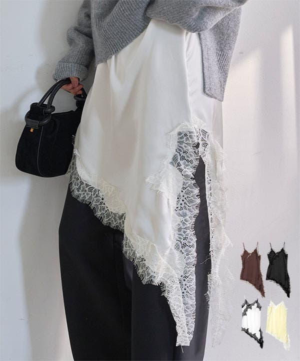 サテンレースアシメロングキャミソール［C7769］ サテン レース[品番