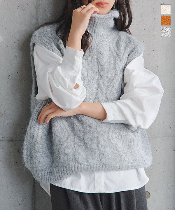 ケーブルハイネックニットベスト［C7813］ ニットベスト ケーブル[品番