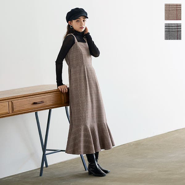 チェック柄バックゴム入りマーメイドワンピース［E3167］ 秋 秋服[品番