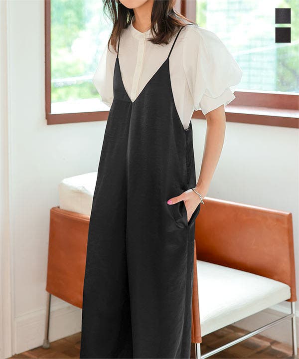 Vカットサテンオールインワンオールインワン サテン サロペット[品番