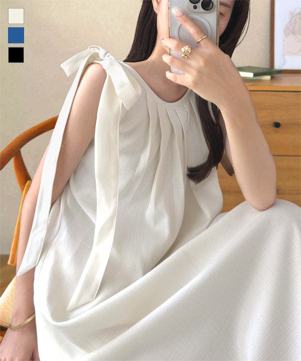 ショルダーリボン バックオープン ワンピース[品番：KO000015398