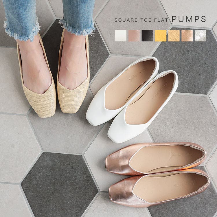 スクエアトゥフラットパンプス レディース 靴[品番：KO000011549
