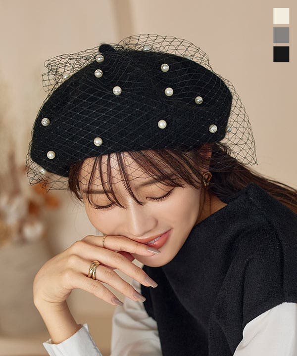 帽子 ベレー帽 ファー リボン パール CA4LA カシラ ドット 水玉