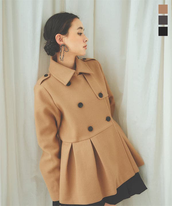 プリーツ切替ペプラムダブルボタンコート［K1327］[品番：KO000014788