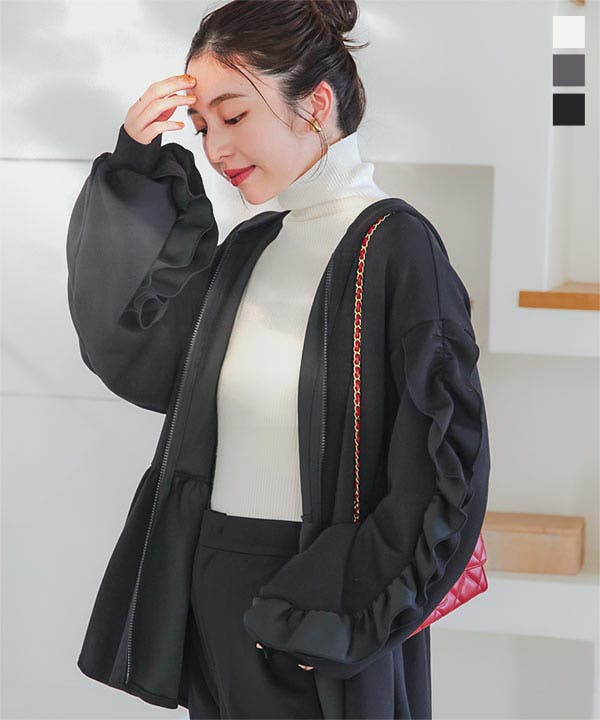 美品 ダーマコレクション ボリュームスリーブブルゾン 黒 フリル 撥水 大きい k1341.jpg