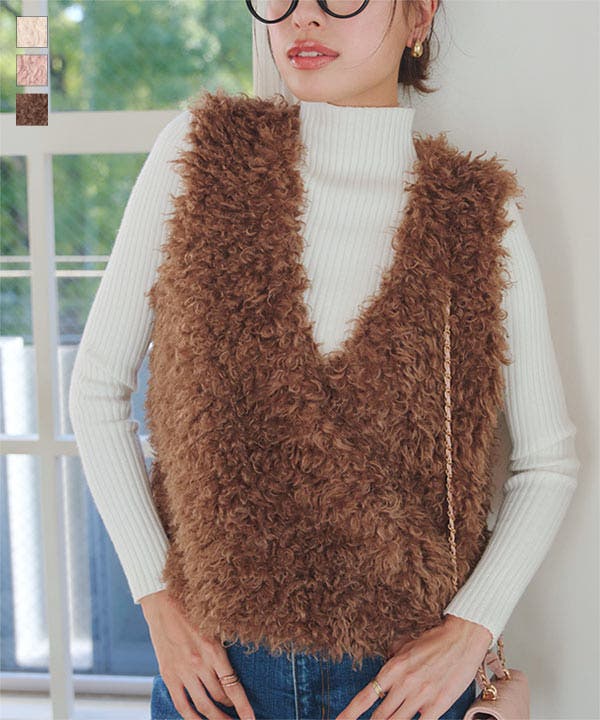 新品 Russeluno ラメ フード ベスト エンブレム ファー ブラウン L プードルファーベスト［N1131］[品番：KO000014984]｜KOBE LETTUCE