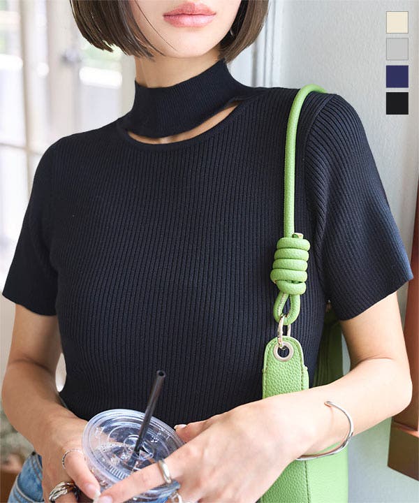 ネックカットモックネック半袖ニットトップス［N1194］[品番