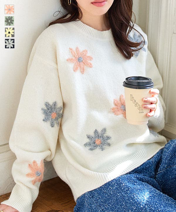 フラワー刺繍ふんわりニットトップス［N1208］ フラワー刺繍 ふんわり