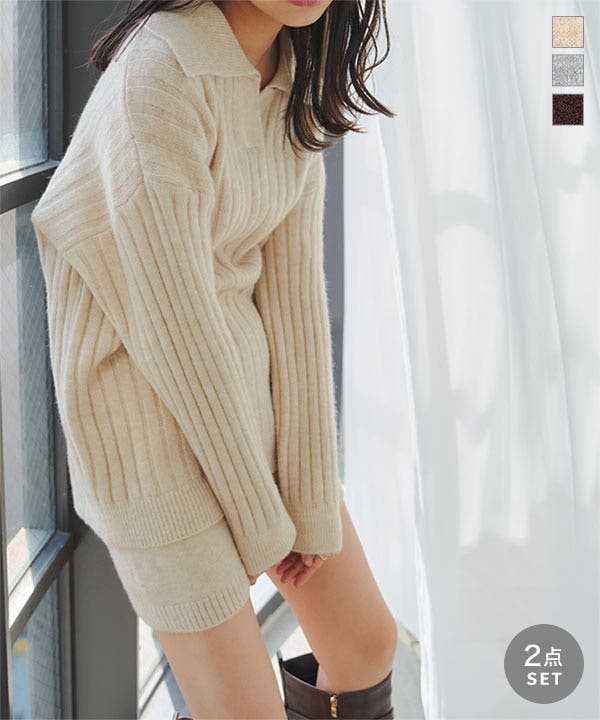 スキッパーニット×ショートパンツセット［N1338］ ニット ×[品番