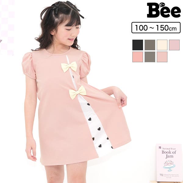 パネルポーチ　ぴんくリボンdress女の子 E リボンワンピース 半袖 切替え[品番：BEEK0001311]｜子供服Bee