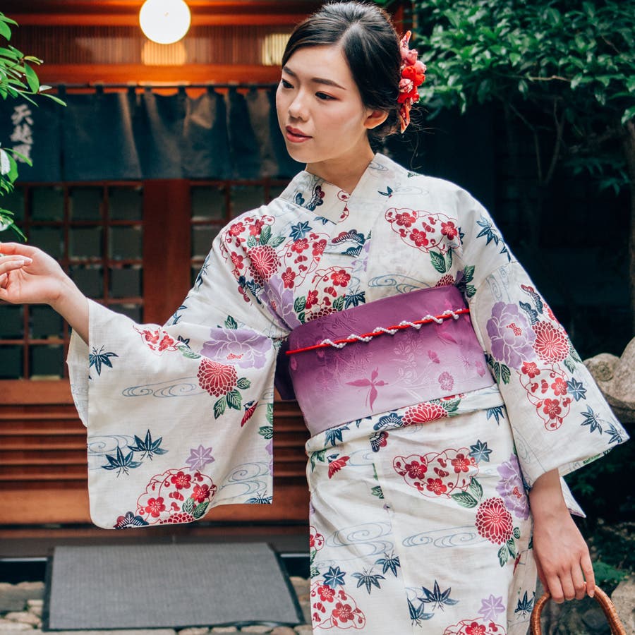 レディース 浴衣 単品 綿麻（17） クリーム系 ベージュ系 菊 牡丹[品番