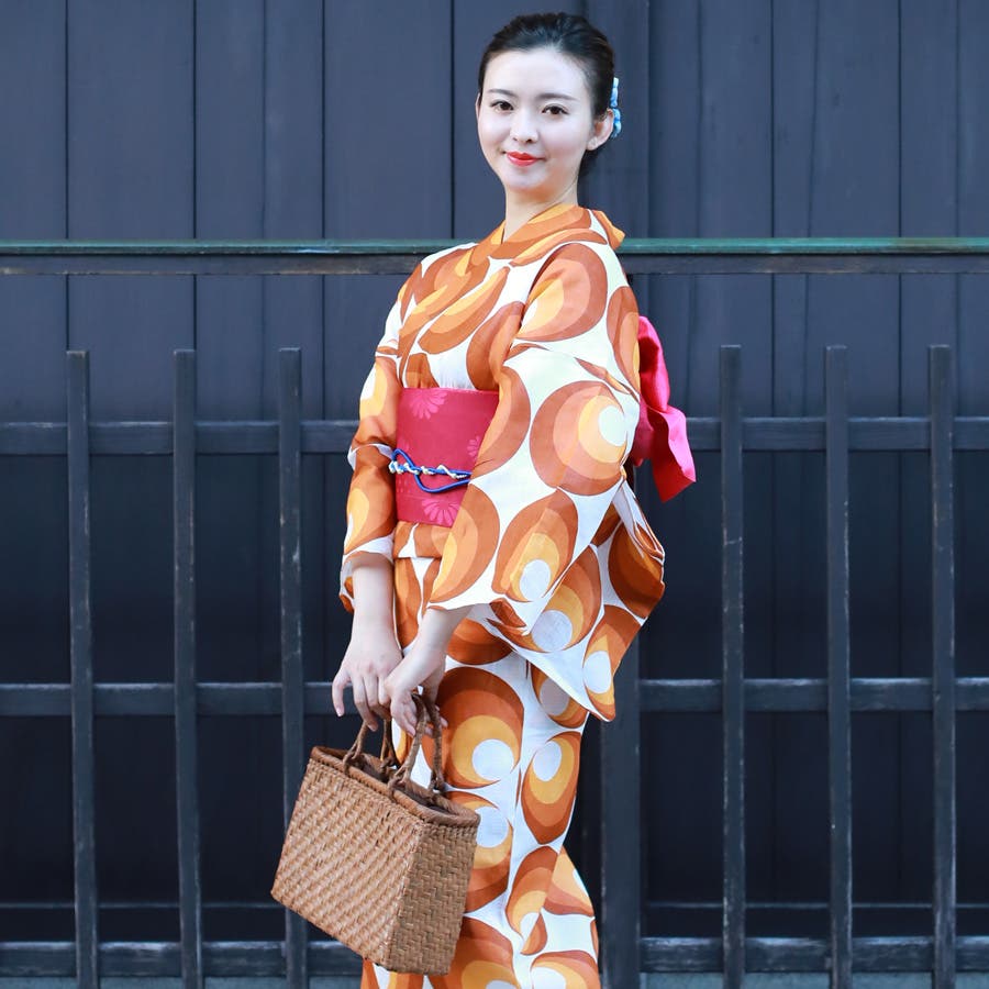 レディース 浴衣 単品 綿麻（24） ホワイト系 幾何学 水玉[品番