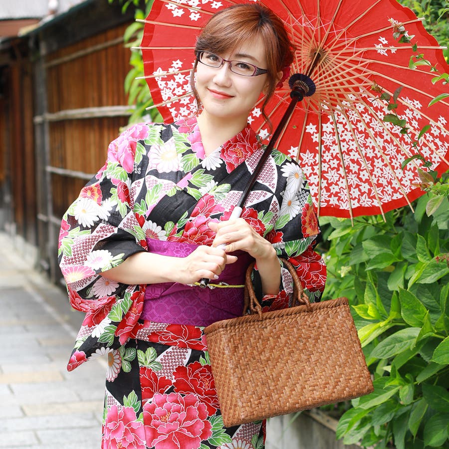 レディース 浴衣 単品 綿麻（28） ブラック系 七宝 牡丹 菊[品番