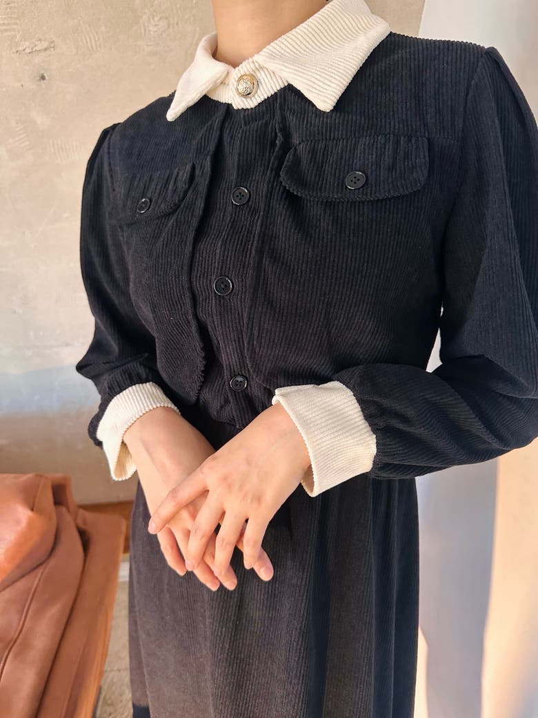 完売ellie Uネックツイードワンピース　ブラック ゴーシュ ストレッチブラック Vネックワンピース – SUSCON