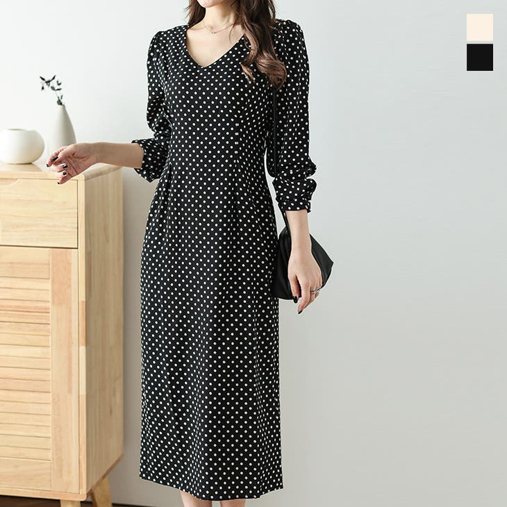 ドット柄ワンピース 長袖 パフスリーブ[品番：LGMW0004783]｜La-gemme