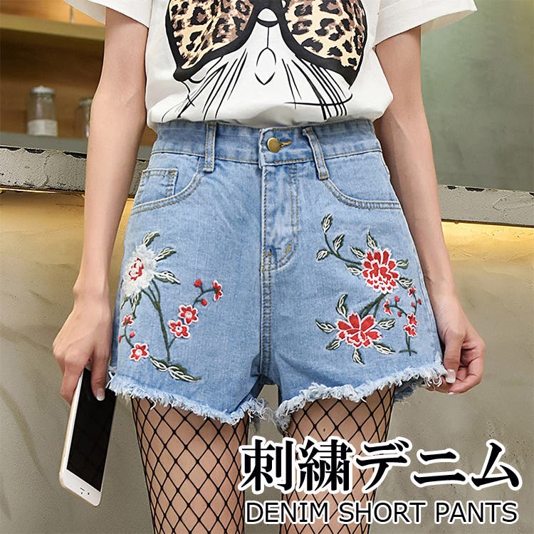 BELVETデニムショートパンツ デニムボトムス ショートパンツ 刺繍[品番：RTSW0000182]｜cici bella