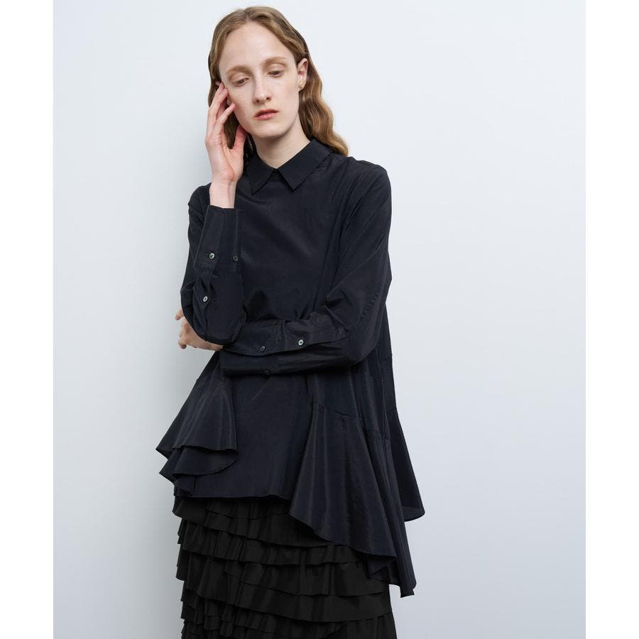 ■未使用品LANVIN en Bleuアシンメトリーフリルブラウス袖ライン入り黒 211113672647253537220241002010