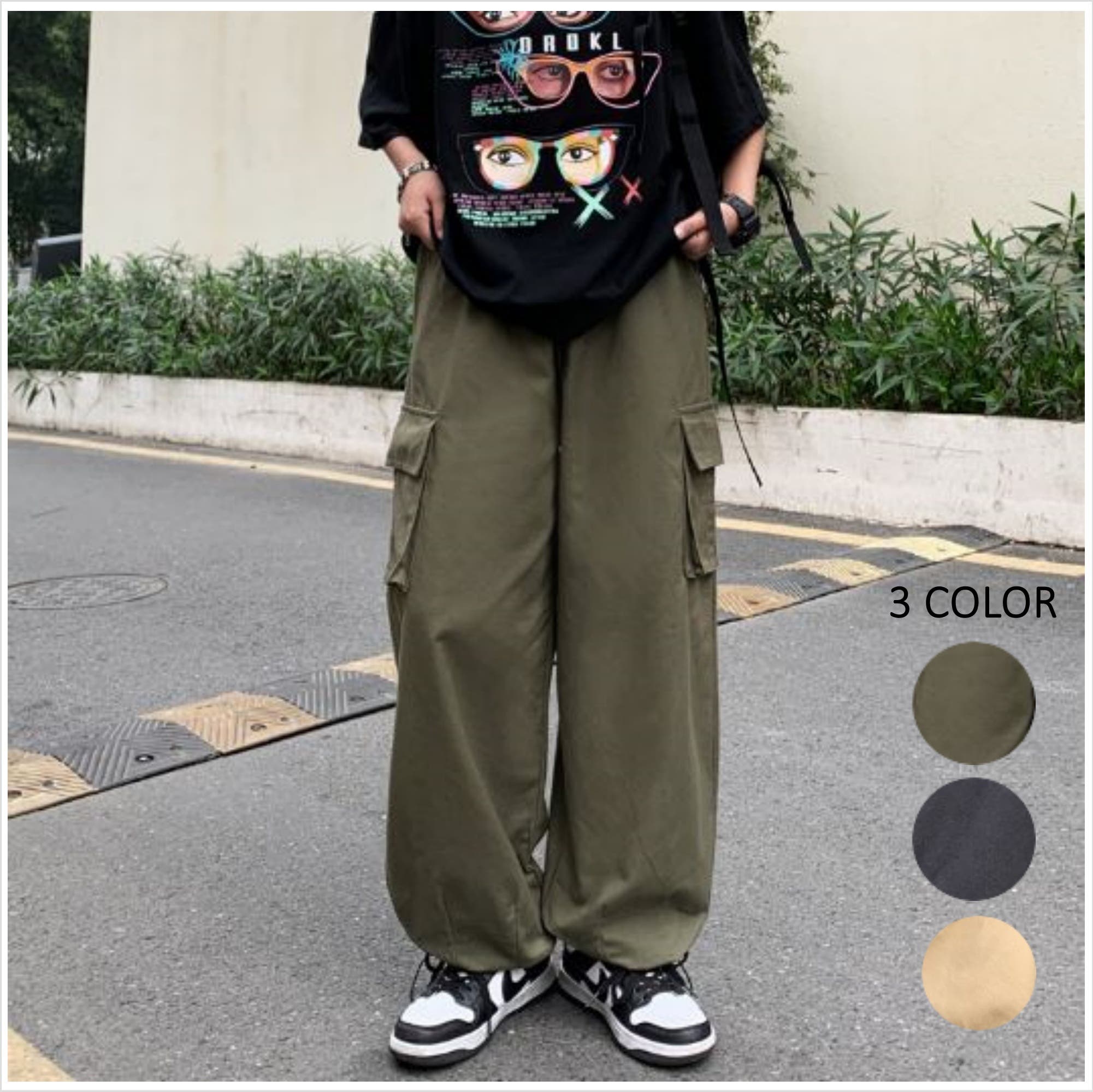 モラビト　ツータックカーゴパンツ　ワイドパンツ　ゆったり　ウエストゴム　ゆるダボ ダボダボカーゴパンツ ゆったり ウエストゴム[品番：LPSW0009042