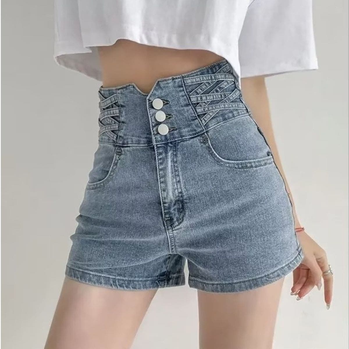 ウエストクロスデザイン ハイウエストショートパンツ/デニム