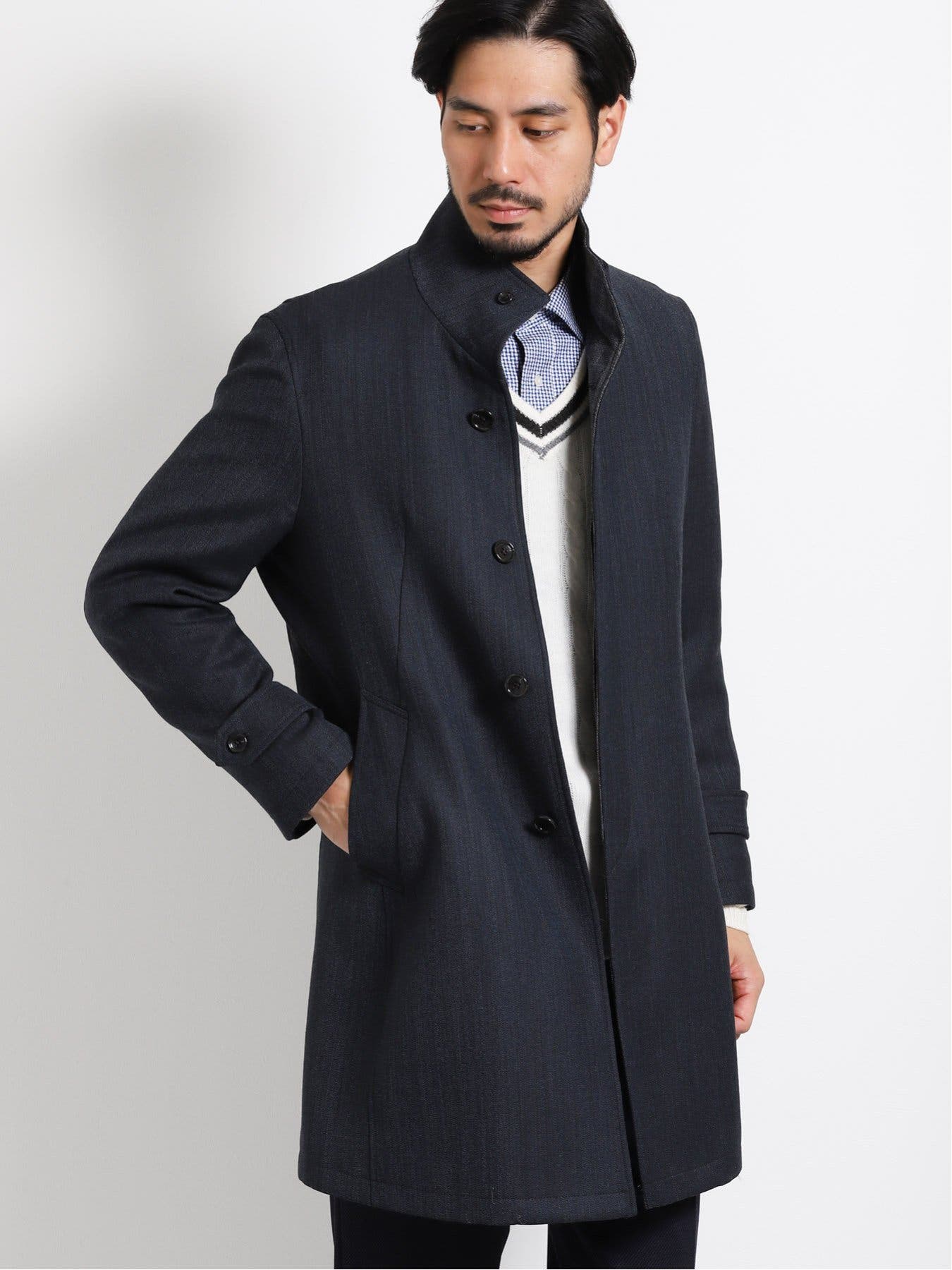 ダブルフェイス イタリアンカラーコート 紺×グレーチェック[品番