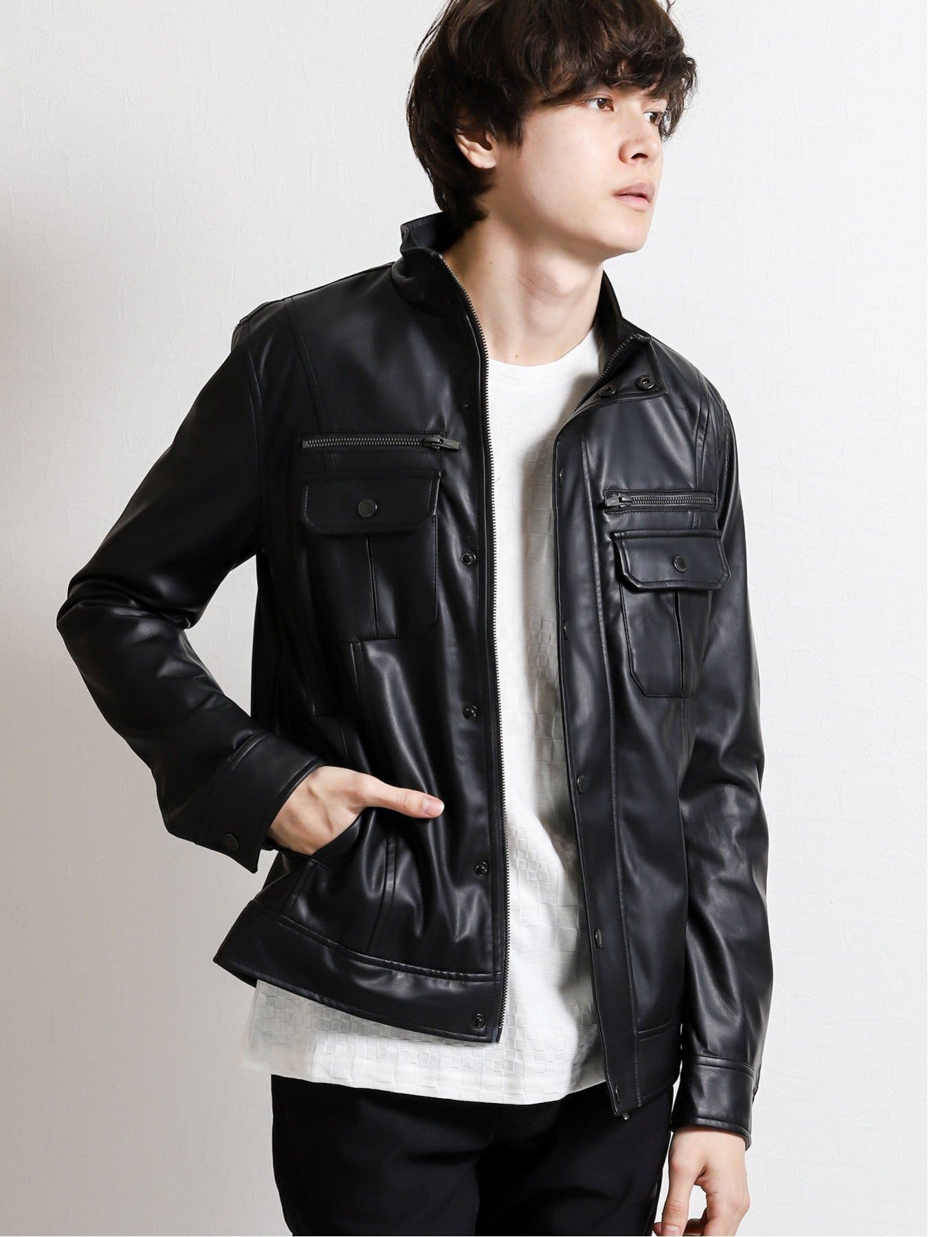 フェイクレザー スタンドカラーアウター[品番：TKQJ0012484]｜TAKA-Q