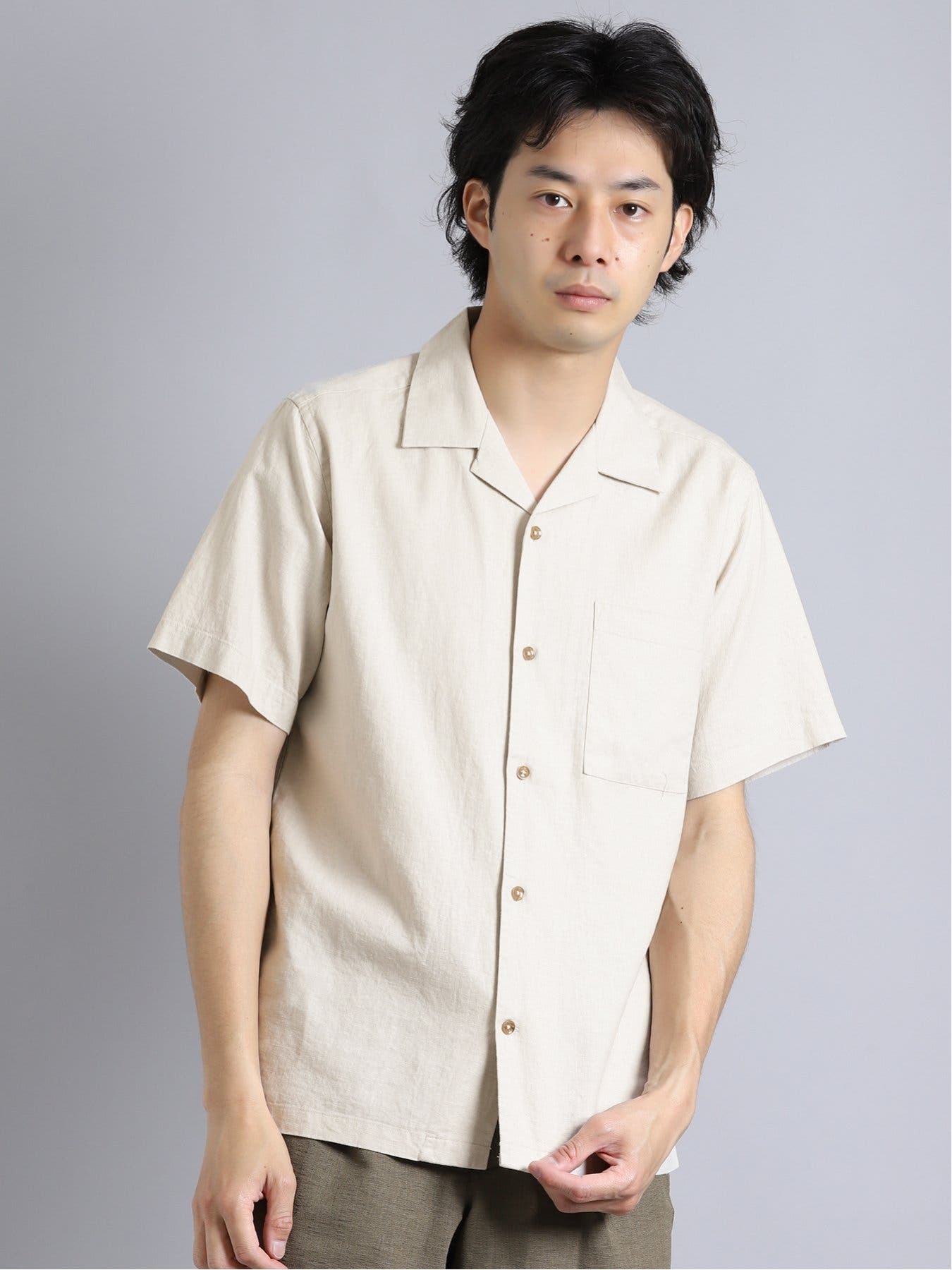 接触冷感 リネン混オープンカラー半袖シャツ[品番：TKQJ0011498