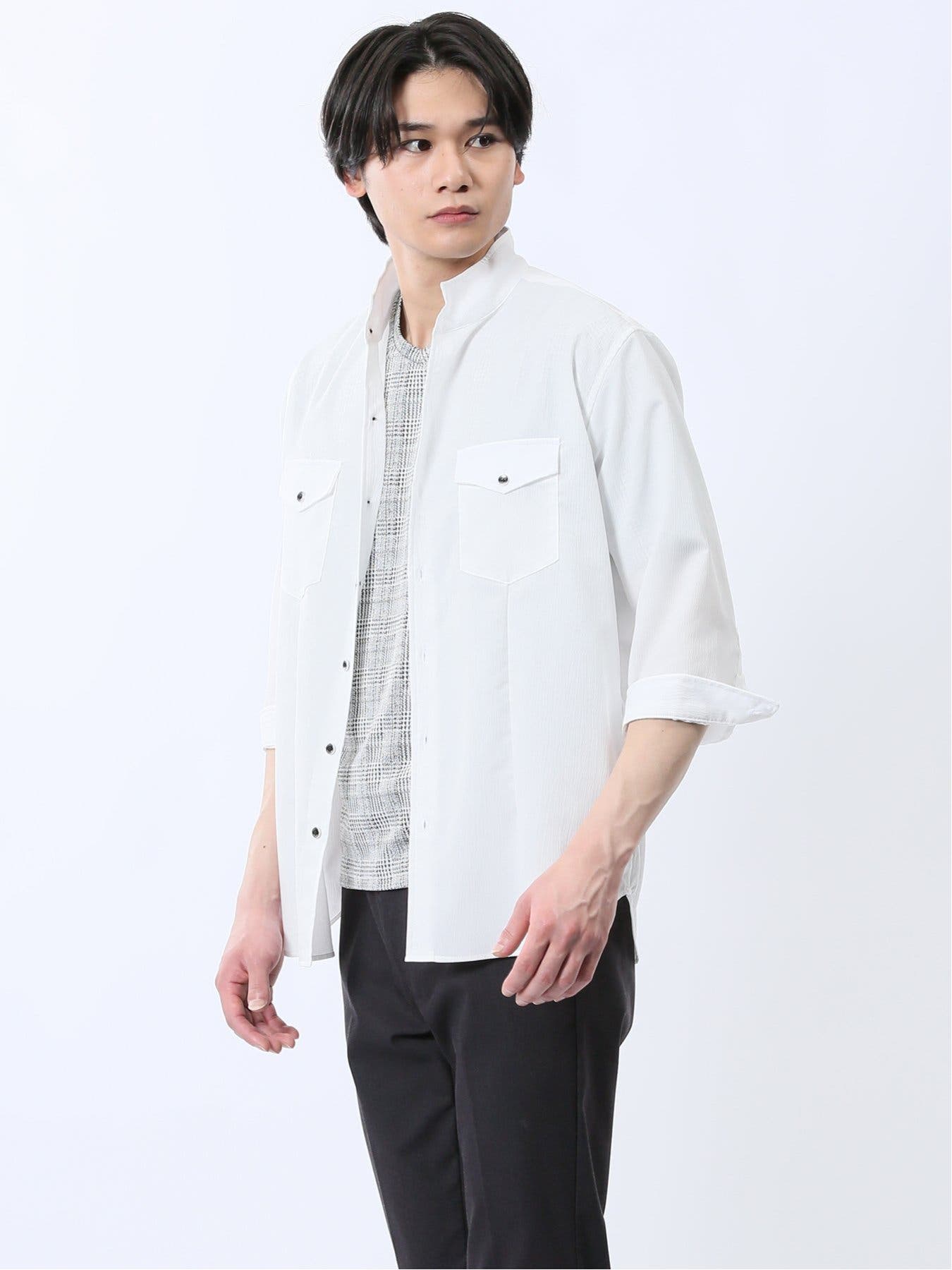 ストレッチ 楊柳 スタンドカラー7分袖シャツ[品番：TKQJ0025138