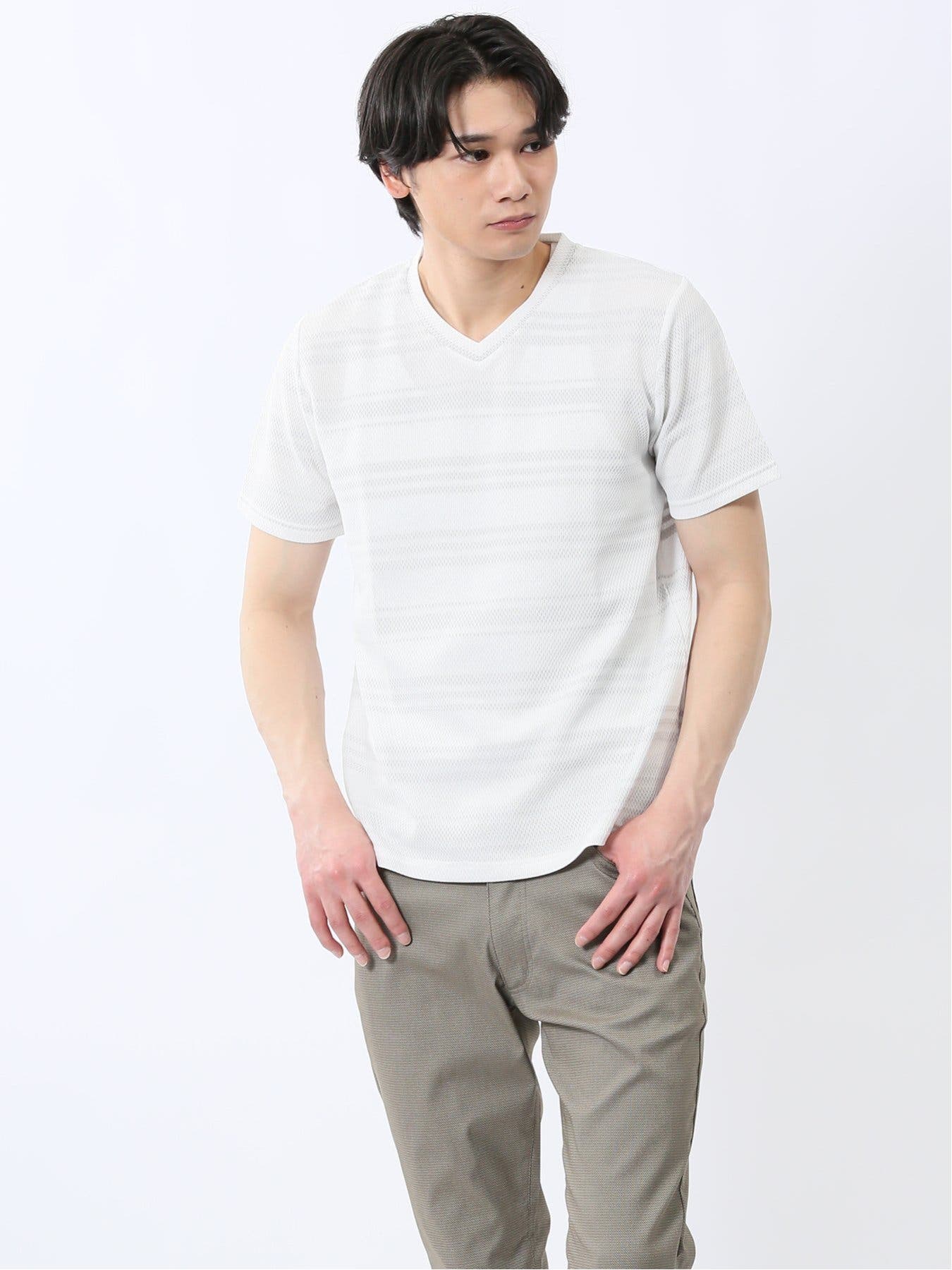 メッシュボーダー Vネック半袖Tシャツ[品番：TKQJ0025248]｜TAKA