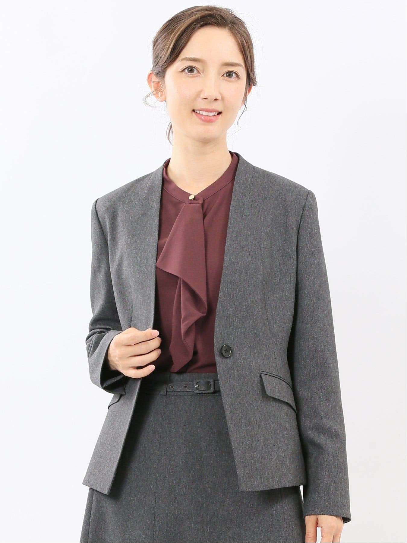 ストレッチウォッシャブル ウール調 ノーカラージャケット[品番
