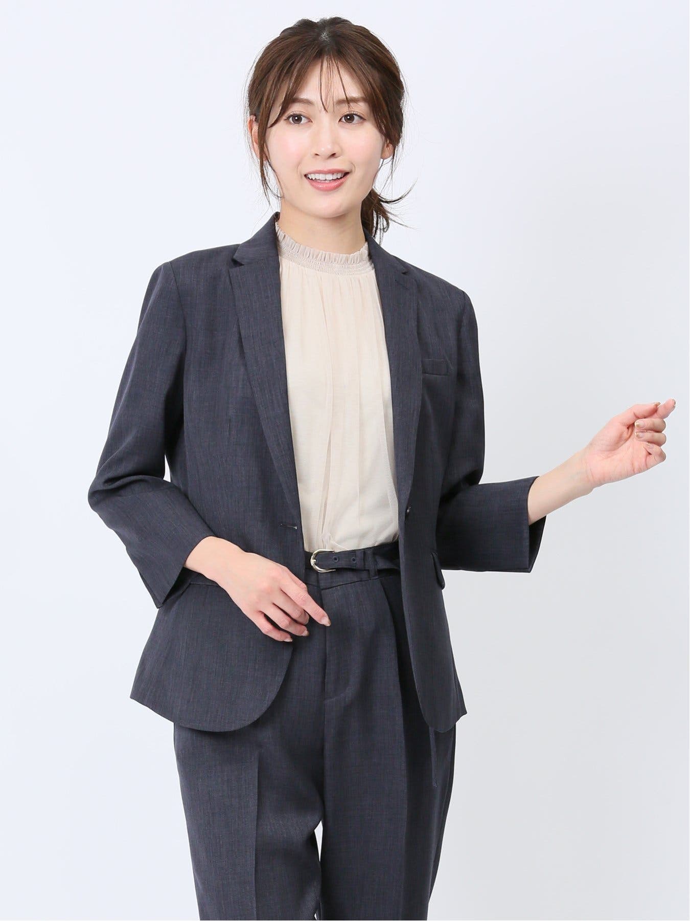 ストレッチウォッシャブル 1ボタン7分袖ジャケット 紺(セットアップ