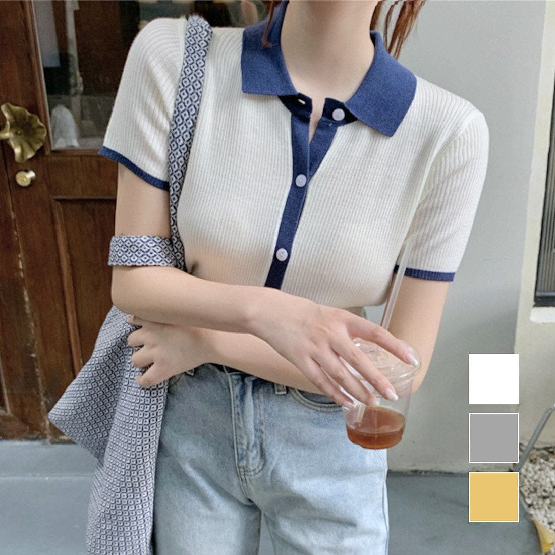 バイカラーでトレンド感のあるポロ襟付き半袖リブニット サマーニット