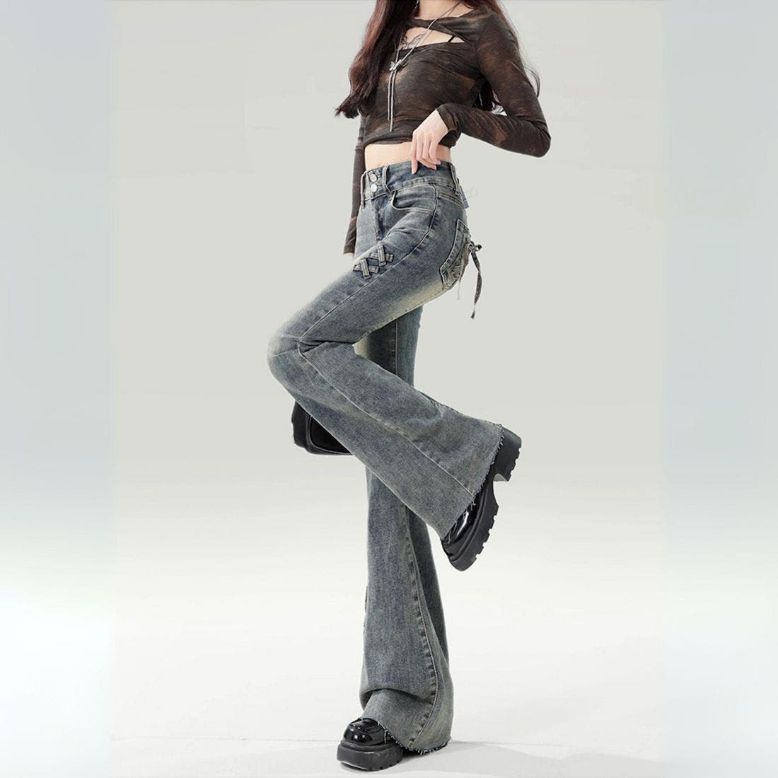 パンツ MAZZ DENIM 個性光るクロスステッチデニムパンツ フルレングス フレア[品番