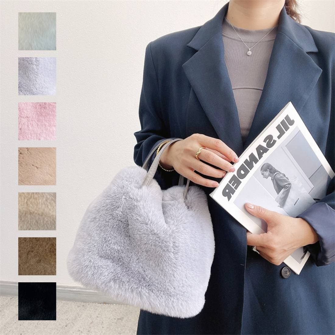 Ampersand ふわふわラビットファー メッシュレザー ハンドバッグ