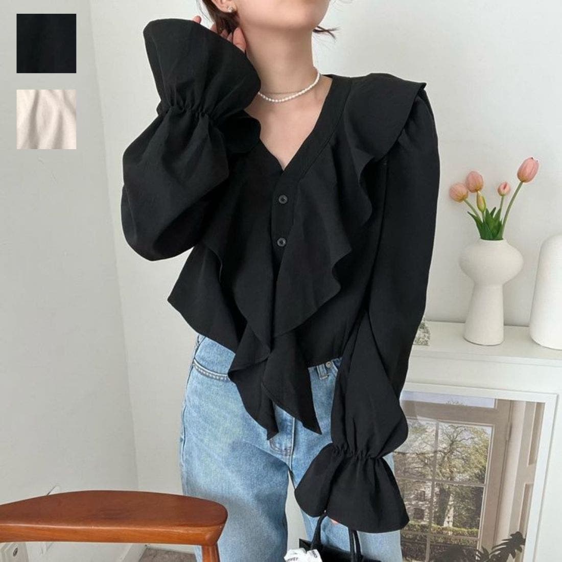 冬を華やかに彩る長袖フリルVネックブラウス トップス フレア[品番