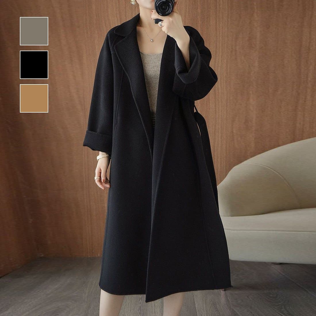 羽織るだけで大人っぽく着こなせる襟付きガウンコート ロングコート