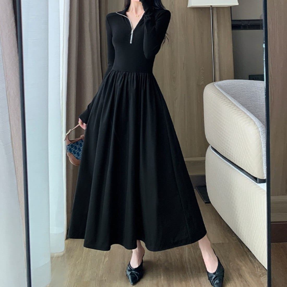 ハーフジップで首元アレンジ可能な長袖ワンピース クルーネック V