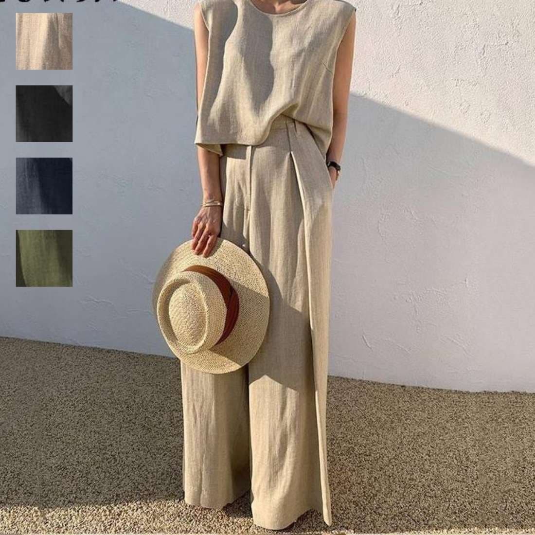 セットアップ】大人の涼感ワッシャー素材リネンライクワイドパンツ夏服