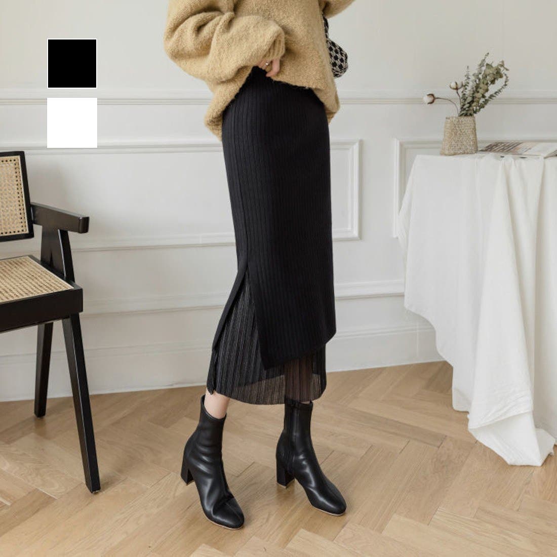 フェミニンに着こなせるプリーツレイヤードニットスカート プリーツ