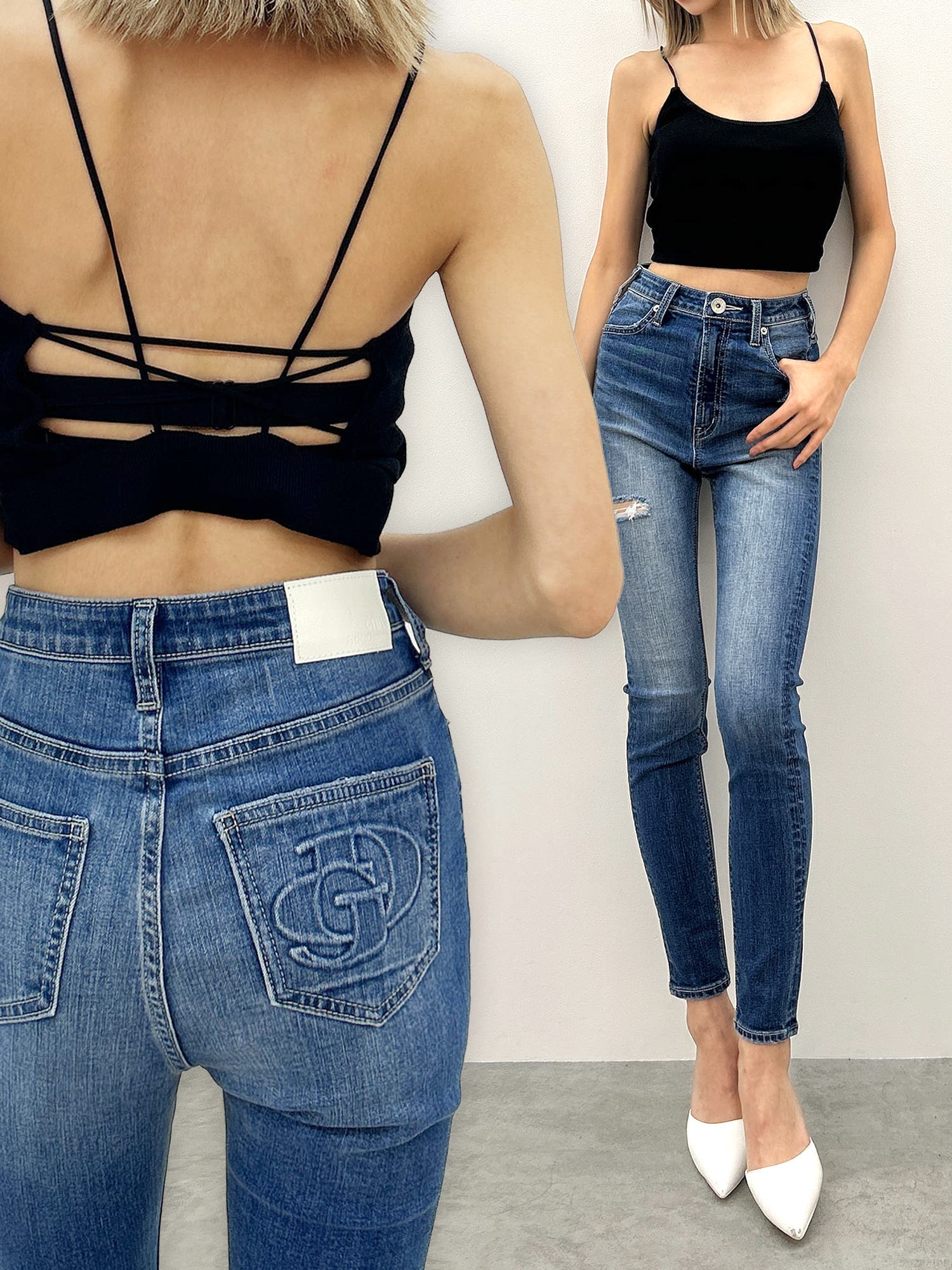 ハイウエストGD embossダメージスキニーデニムパンツ[品番