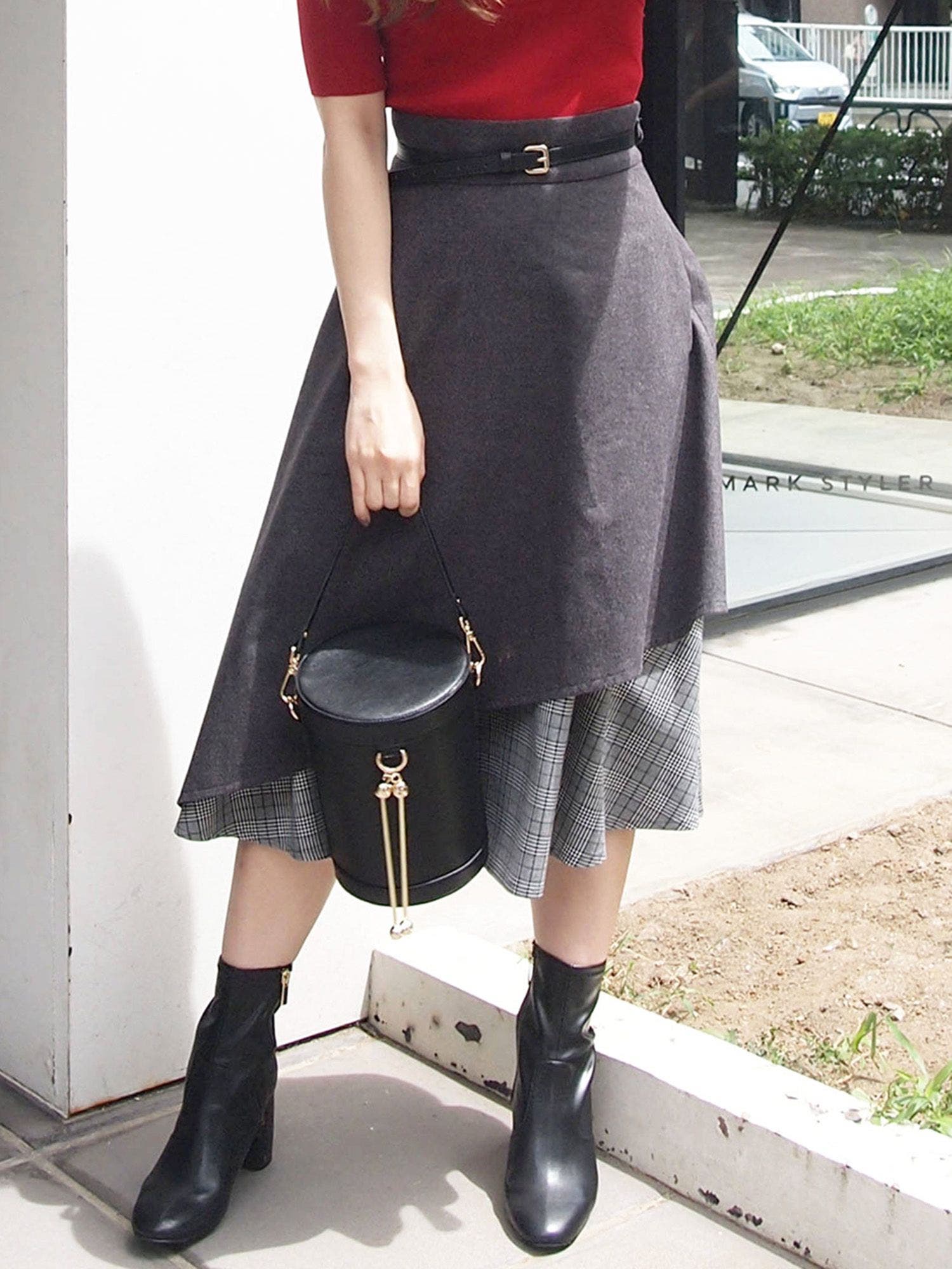 堀田茜×MERCURYDUO】イレヘム切替チェック柄ベルト付スカート 堀田茜×MERCURYDUO】イレヘム切替チェック柄ベルト付スカート