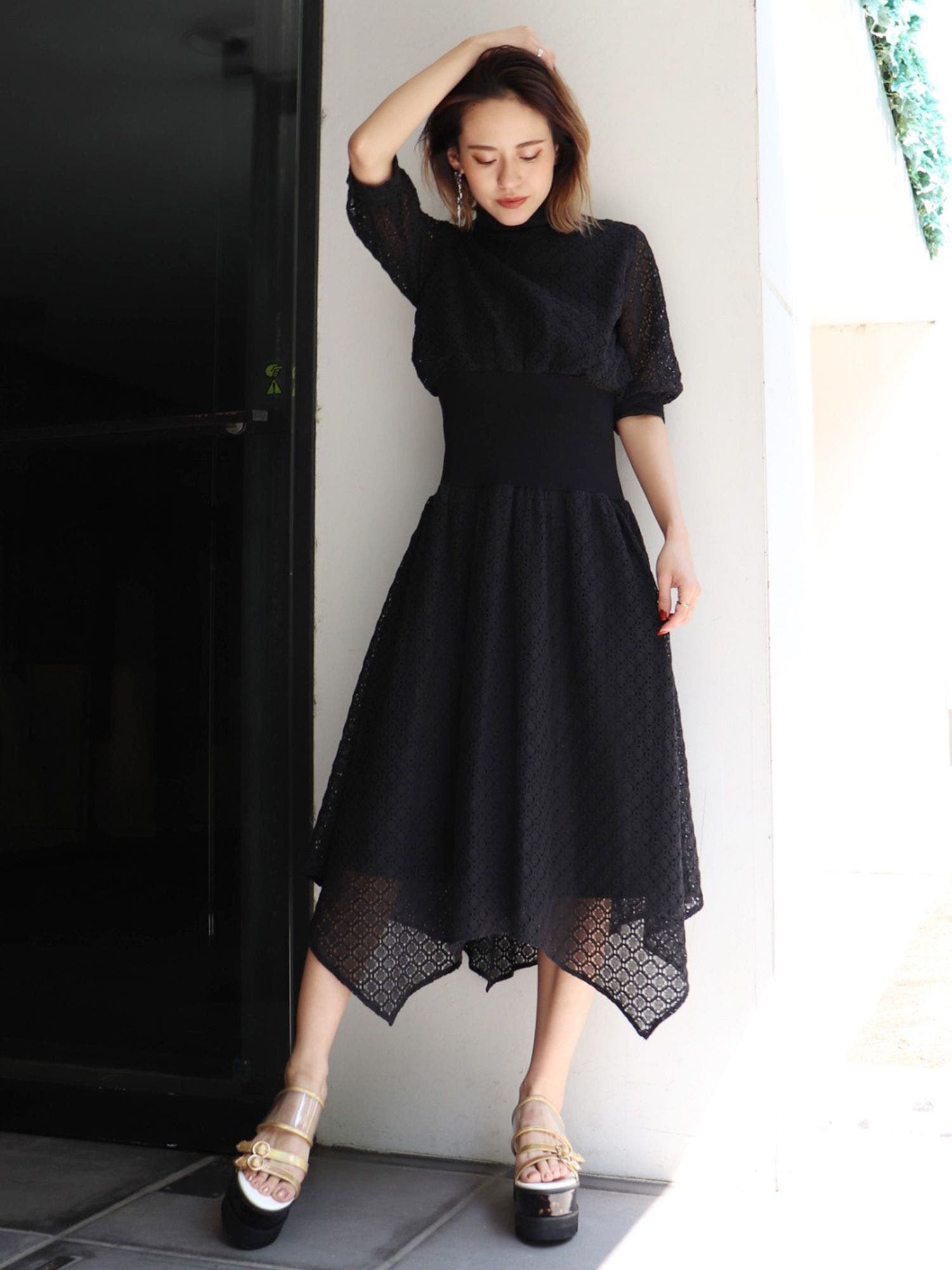 Sov. フラワーモチーフレースワンピ BLK DOUBLE STANDARD CLOTHING