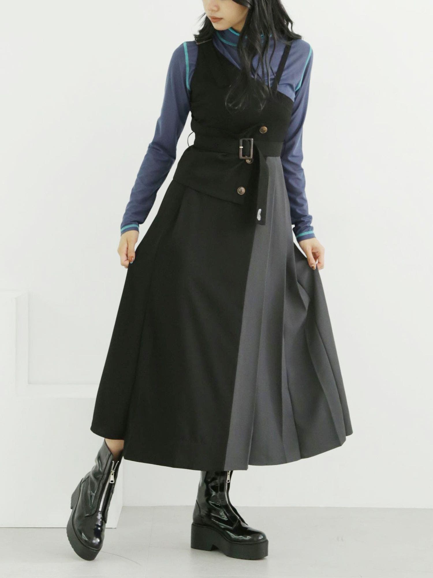 【新品】Frene. フェイクレザー　アシンメトリープリーツ　ジャンスカ黒 FAUX LEATHER Z-UP JUMPER SKIRT/フェイクレザーZ-UPジャンパー