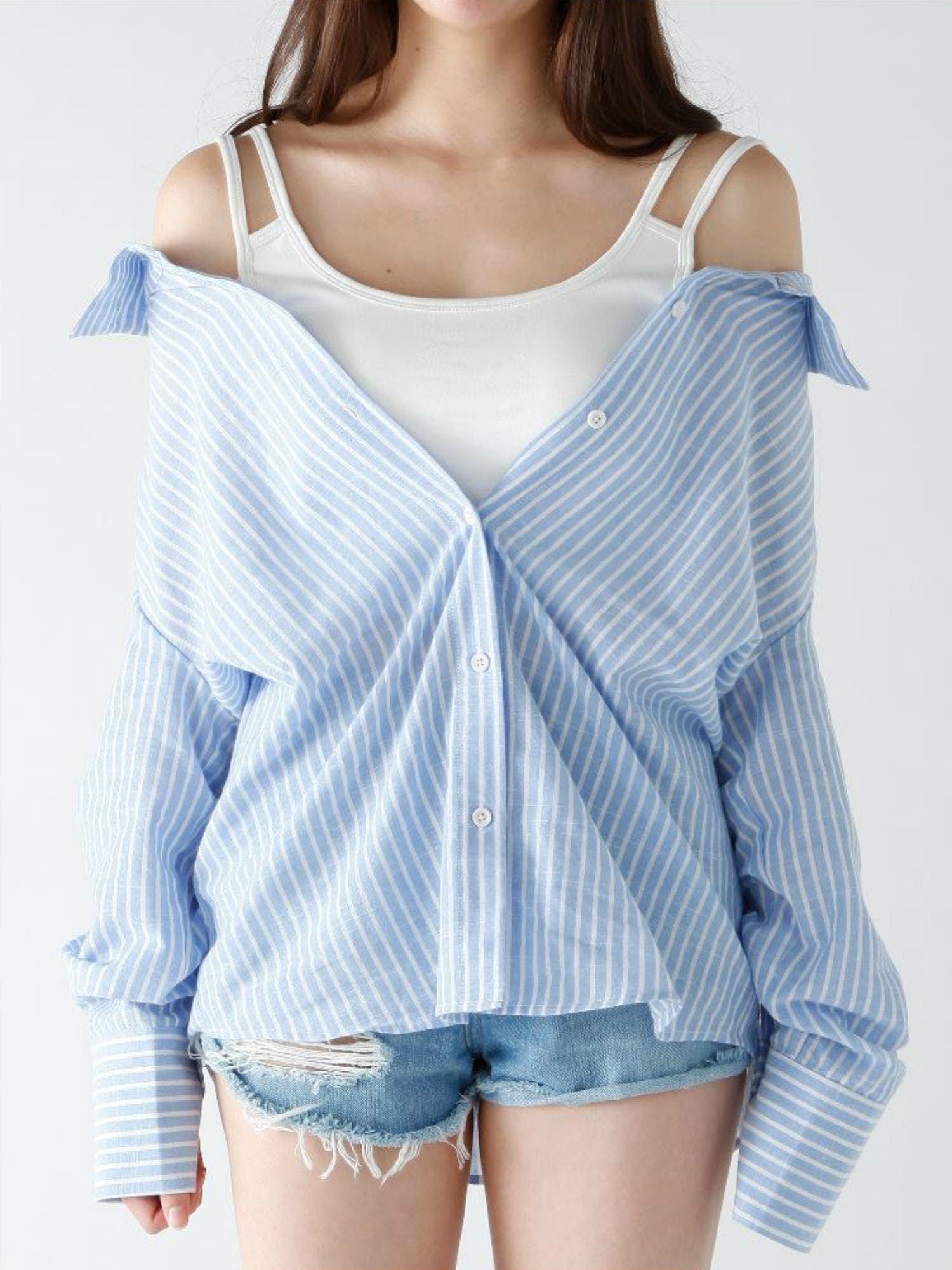 オシャレ⭐大きめ⭐GYDA】緑白ストライプシャツサイズF