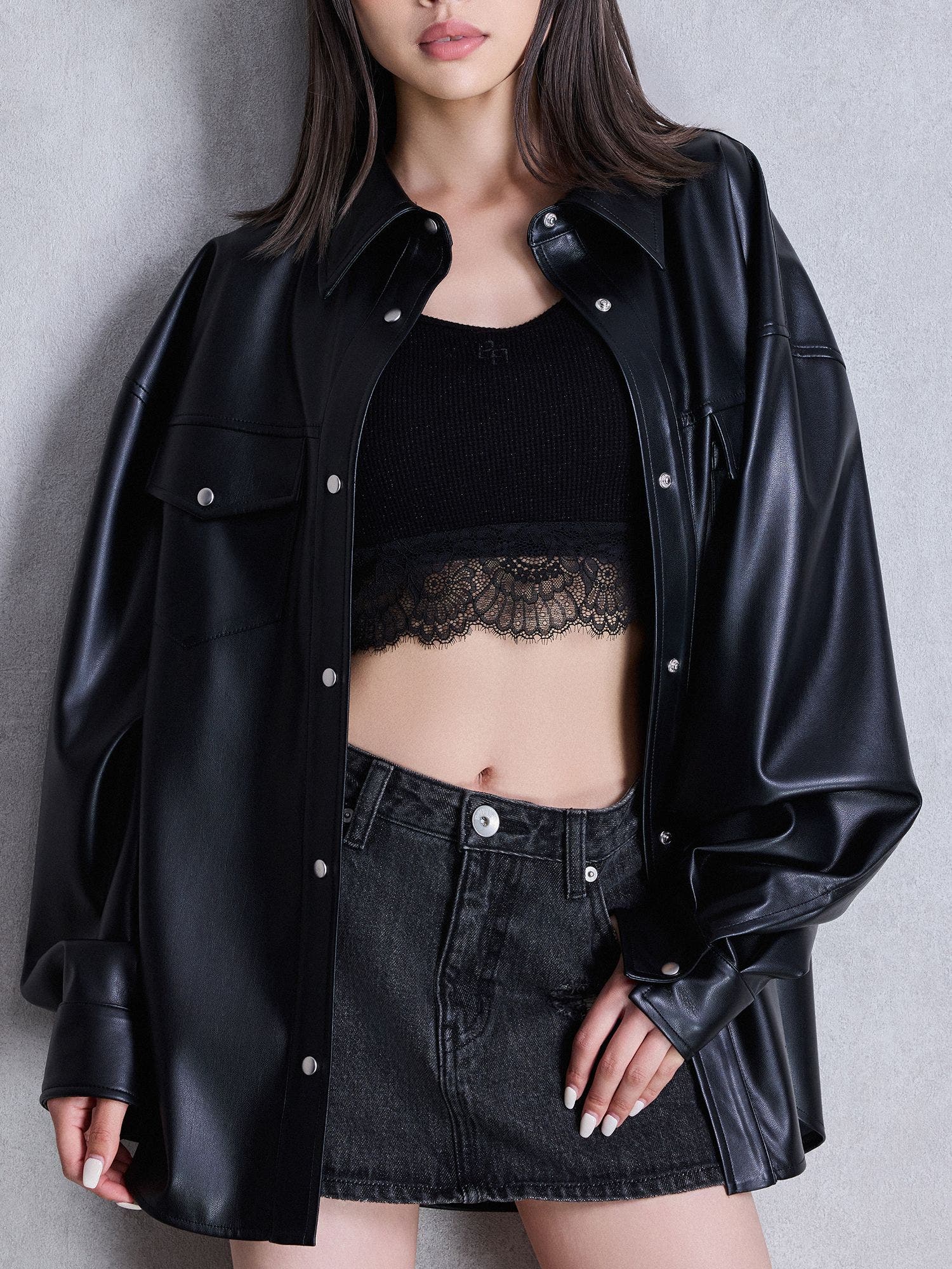 フェイクレザースタイリングシャツ[品番：MKSW0066077]｜GYDA