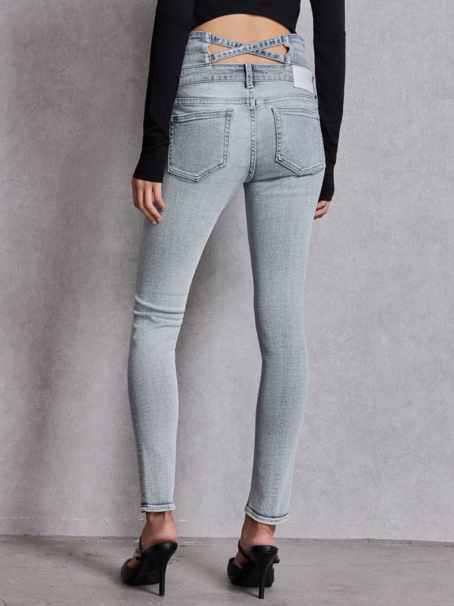 ハイウエストウエストクロススキニーデニムパンツ[品番：MKSW0068676