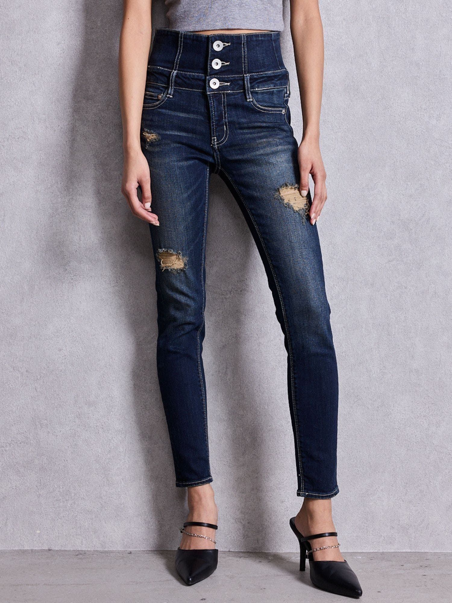 ハイウエストバッククロスダメージスキニーデニムパンツ[品番