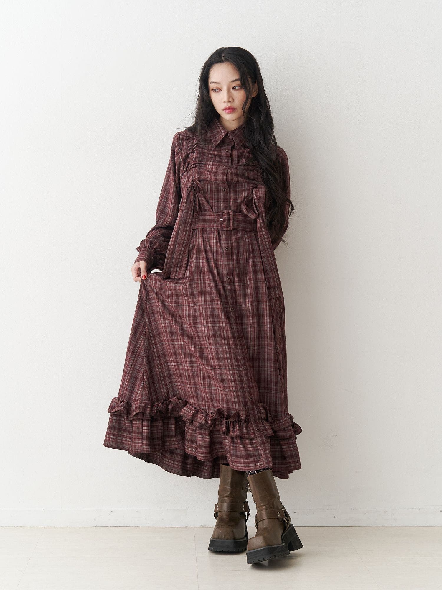 ドロストリボンチェックシャツワンピース[品番：MKSW0067226]｜jouetie