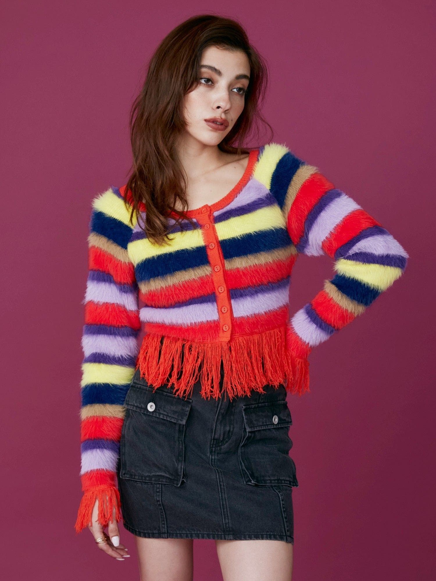 マルチボーダーシャギーニットトップス[品番：MKSW0054648