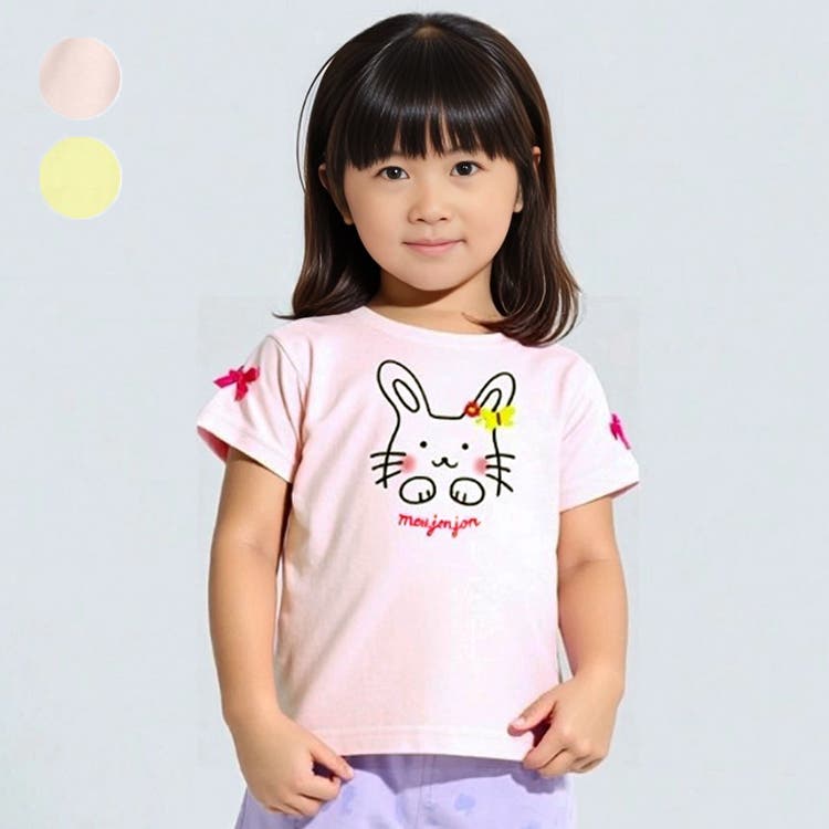 うさぎ・ねこプリント袖リボン付き半袖Tシャツ[品番：MTIK0011763 